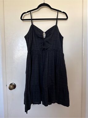 Roxy Plaid Spaghetti Strap Sundress with front Tie Keyhole Anthracite in XL NWT